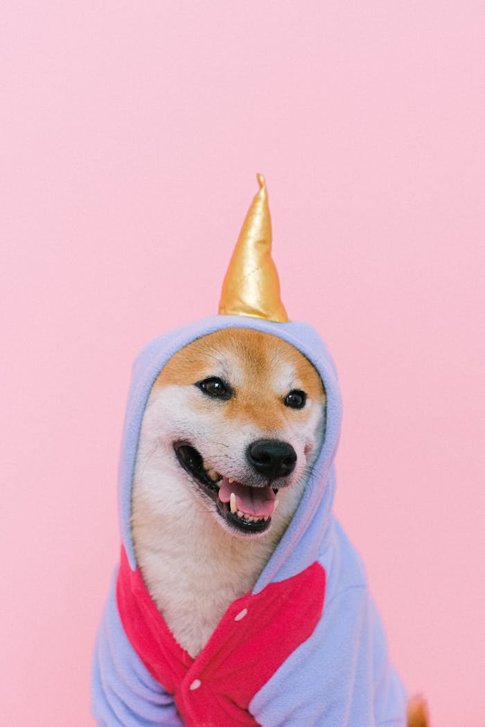 A Shiba Inu dressed in a whimsical costume with a pink background, perfect for pet lovers.